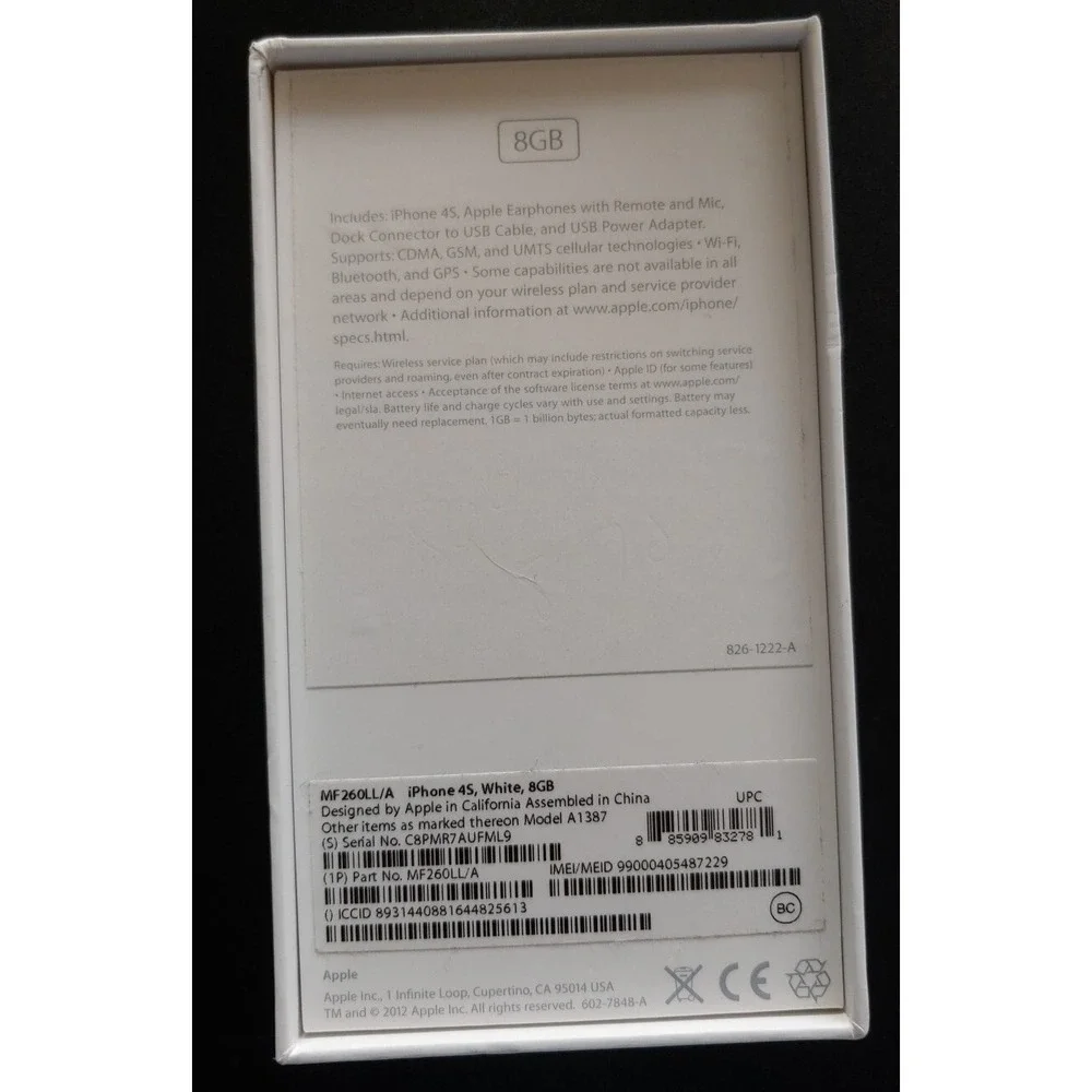 iPhone Apple 4S Box Only 8GB White w/ Manual 4 s MF260LL/A 2012 cell phone